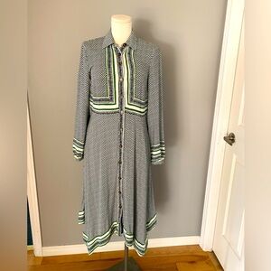 Maeve Chic Black and White Striped Dress with Green Accents